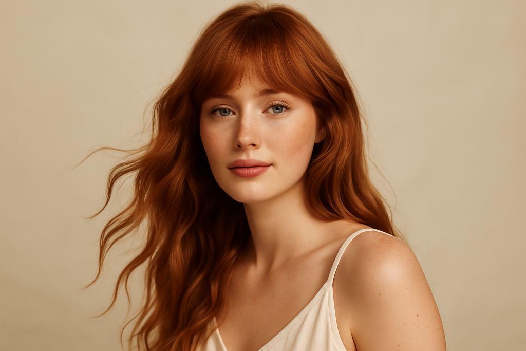 Mujer pelirroja con cabello largo ondulado y flequillo, rostro natural y fondo beige. Imagen editorial de Greensoho con estética luminosa y natural.