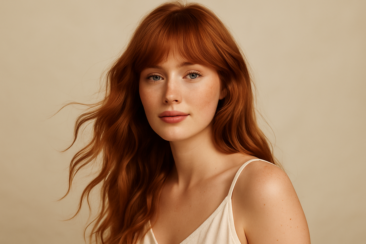 Mujer pelirroja con cabello largo ondulado y flequillo, rostro natural y fondo beige. Imagen editorial de Greensoho con estética luminosa y natural.