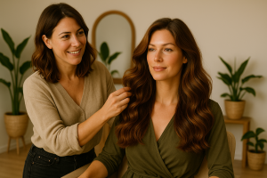 Profesional del cabello peinando a una mujer en salón Greensoho. Cabello con ondas marcadas y textura luminosa.