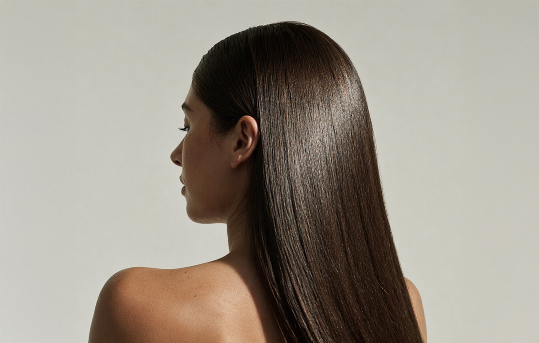 Modelo con cabello brillante usando GLOW.REMEDY